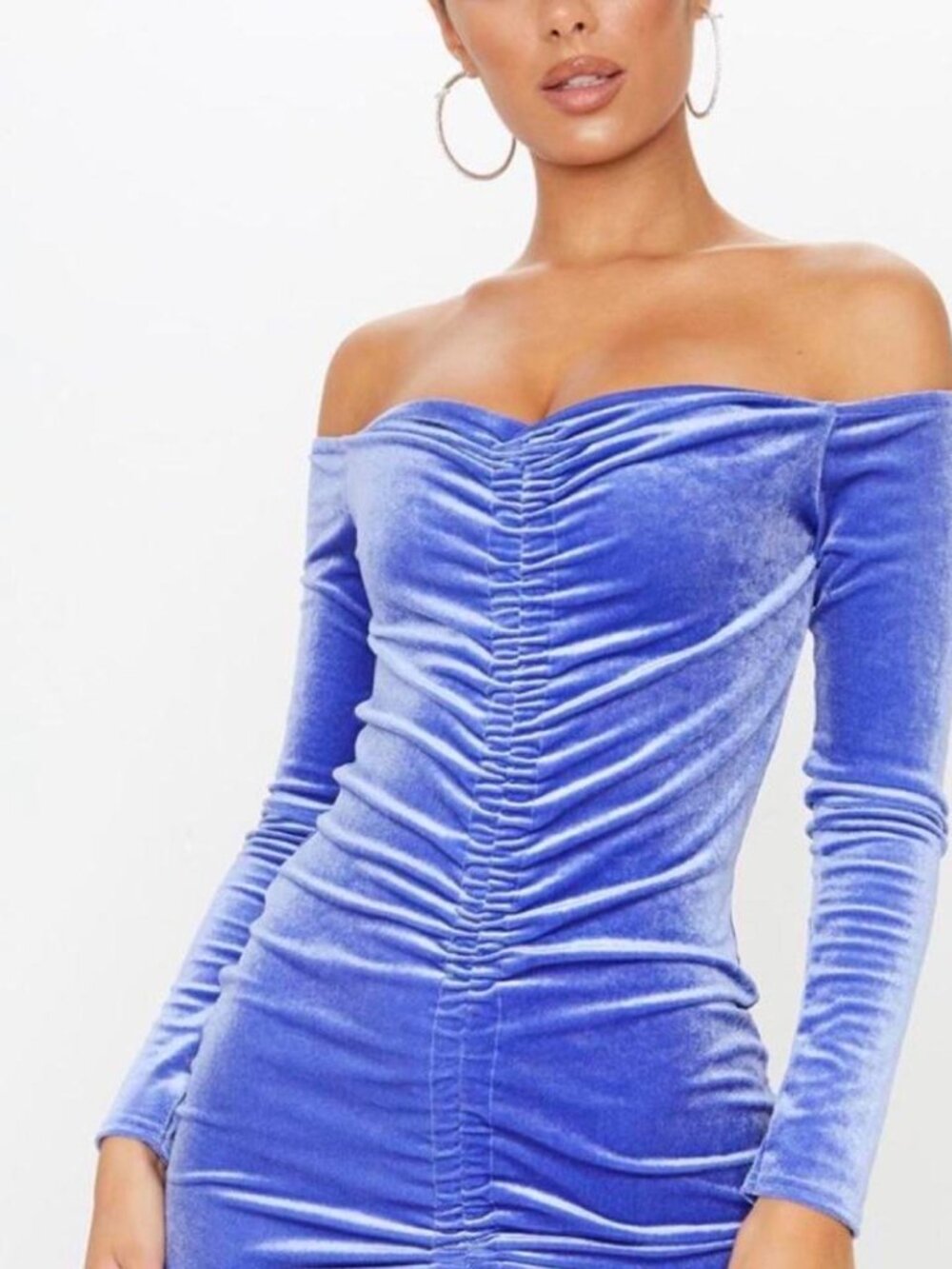 Blue velvet off the shoulder mini dress